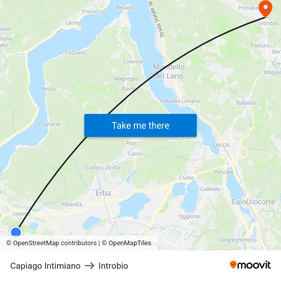 Capiago Intimiano to Introbio map