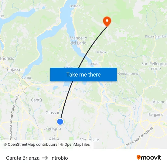 Carate Brianza to Introbio map