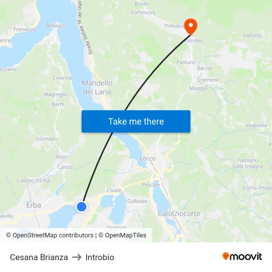 Cesana Brianza to Introbio map