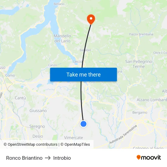 Ronco Briantino to Introbio map