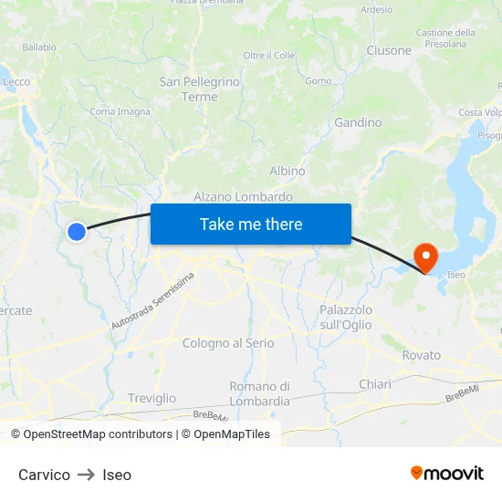 Carvico to Iseo map