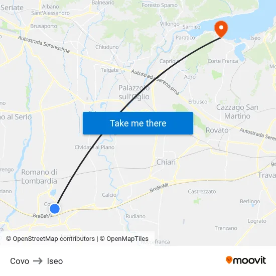 Covo to Iseo map