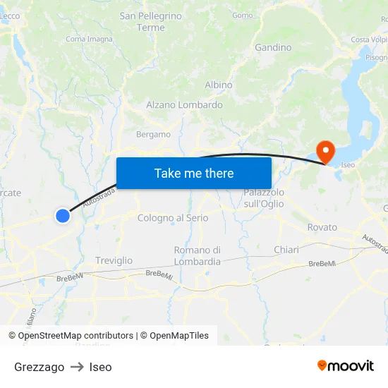 Grezzago to Iseo map