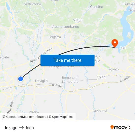 Inzago to Iseo map