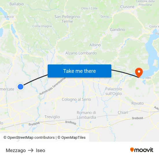 Mezzago to Iseo map