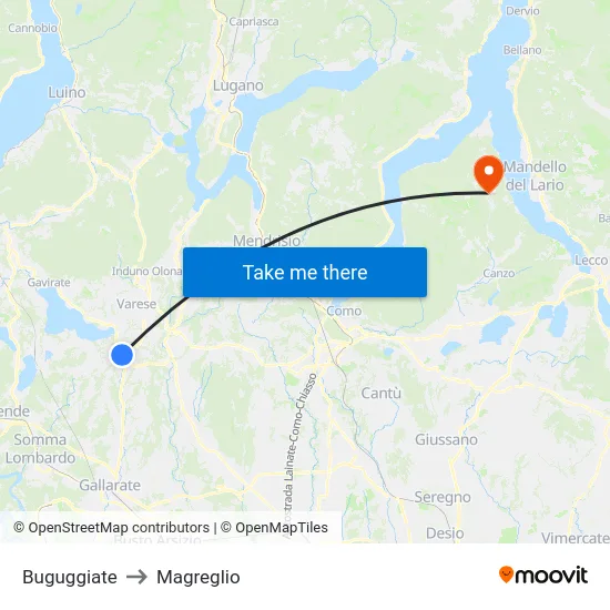 Buguggiate to Magreglio map