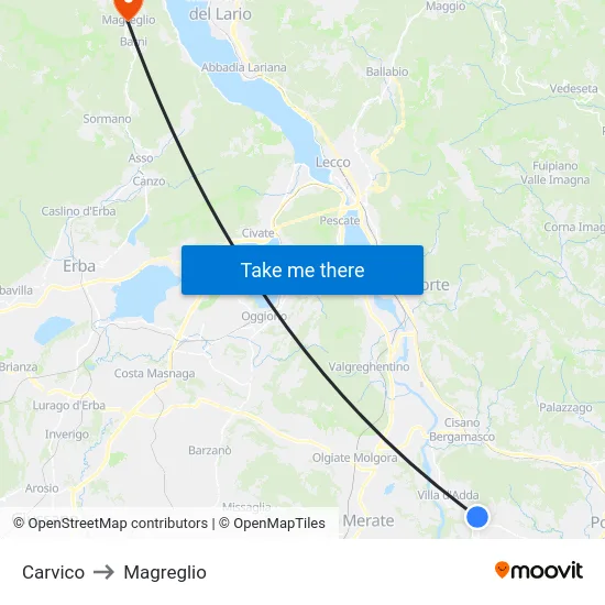 Carvico to Magreglio map