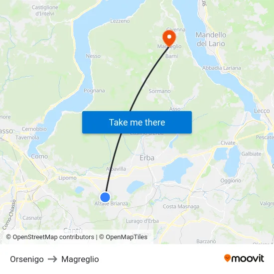 Orsenigo to Magreglio map