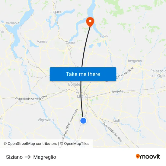 Siziano to Magreglio map