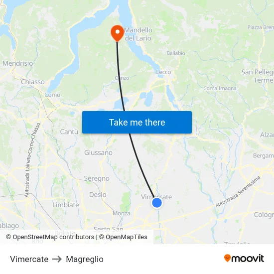Vimercate to Magreglio map