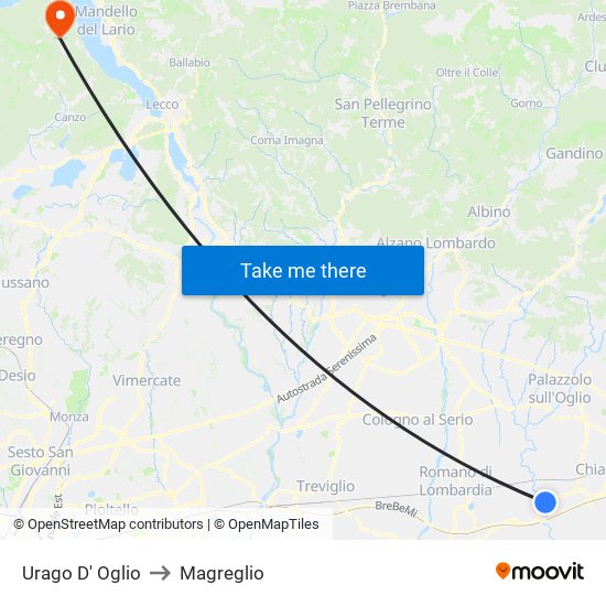 Urago D' Oglio to Magreglio map