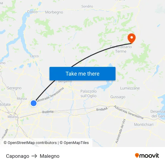 Caponago to Malegno map