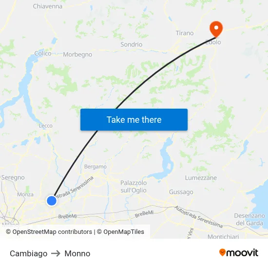 Cambiago to Monno map