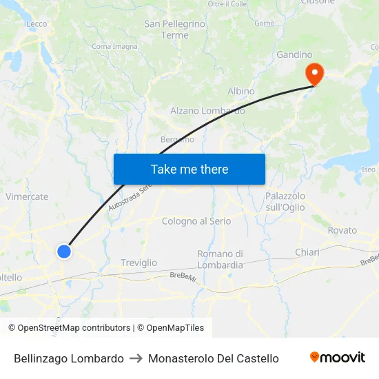 Bellinzago Lombardo to Monasterolo del Castello map