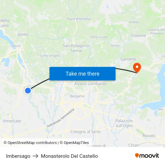 Imbersago to Monasterolo del Castello map