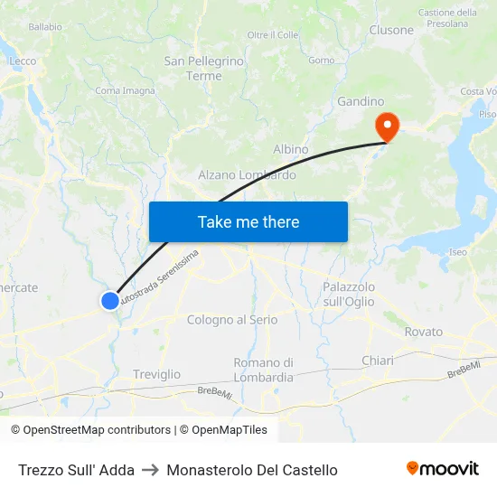 Trezzo Sull' Adda to Monasterolo Del Castello map