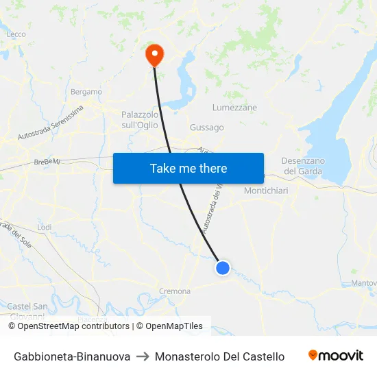 Gabbioneta-Binanuova to Monasterolo del Castello map