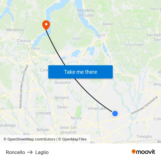 Roncello to Laglio map