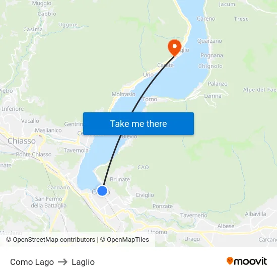 Como Lago to Laglio map