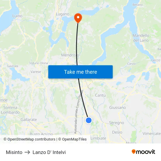 Misinto to Lanzo d'Intelvi map