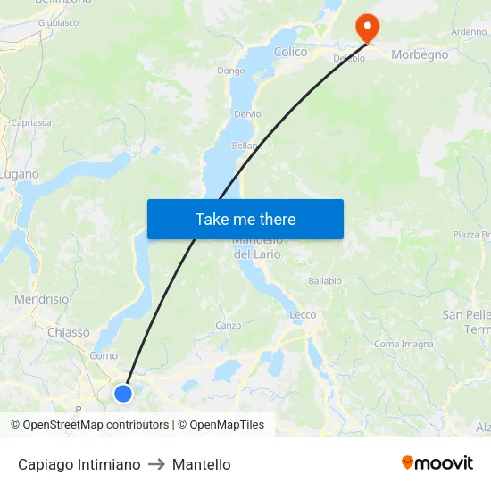 Capiago Intimiano to Mantello map
