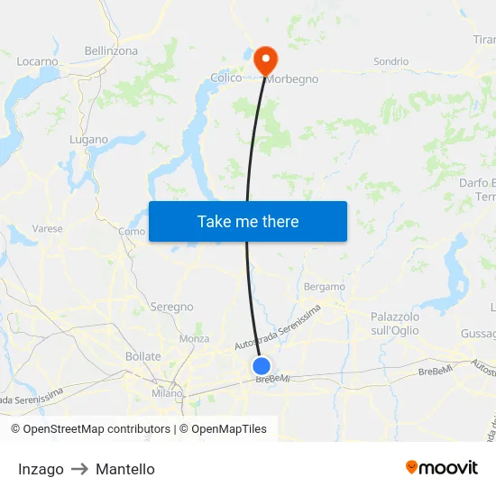 Inzago to Mantello map
