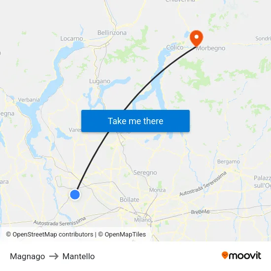Magnago to Mantello map