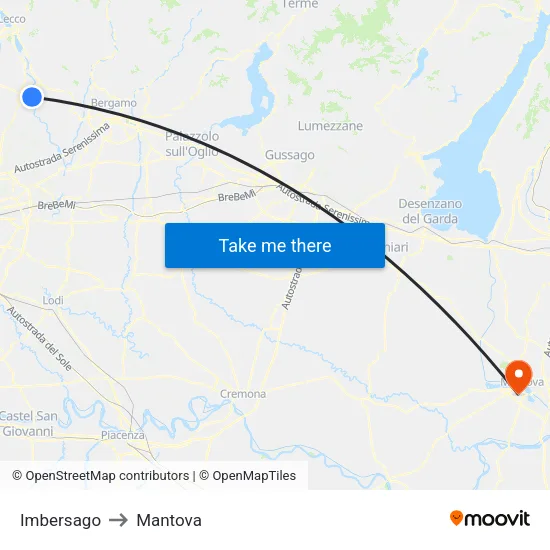Imbersago to Mantova map