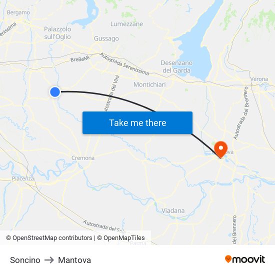 Soncino to Mantova map