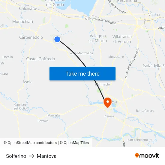 Solferino to Mantova map