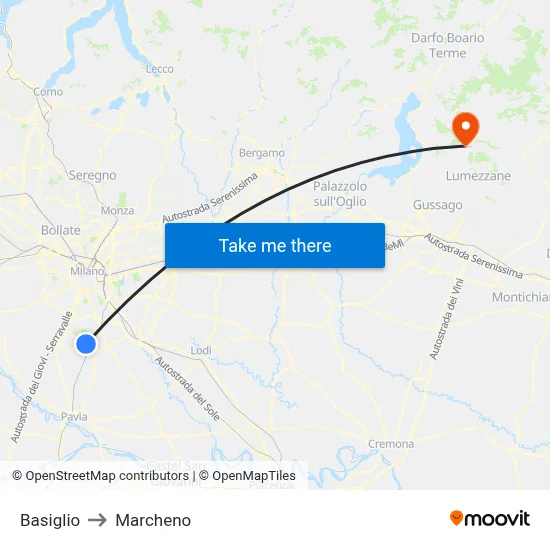 Basiglio to Marcheno map