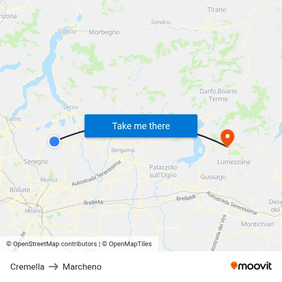 Cremella to Marcheno map