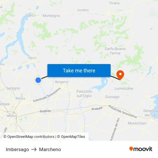 Imbersago to Marcheno map