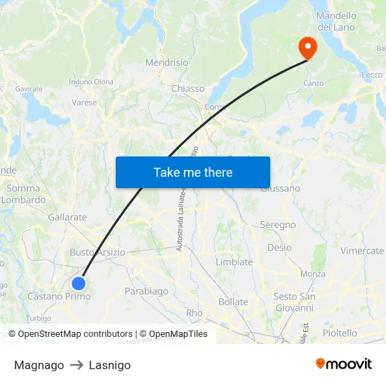 Magnago to Lasnigo map