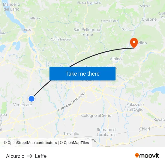 Aicurzio to Leffe map