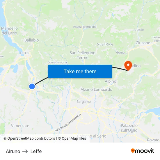 Airuno to Leffe map