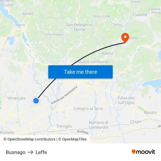 Busnago to Leffe map