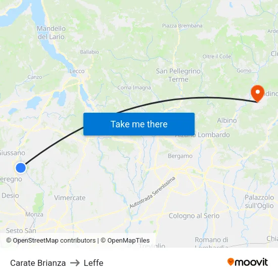 Carate Brianza to Leffe map