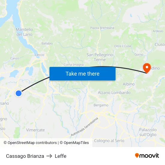 Cassago Brianza to Leffe map