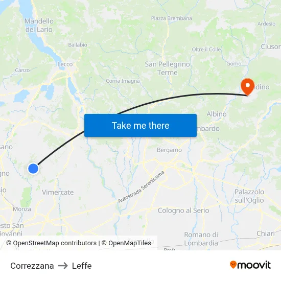 Correzzana to Leffe map