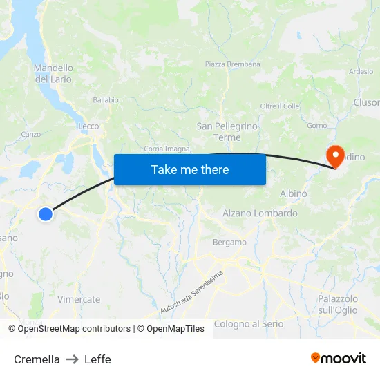 Cremella to Leffe map