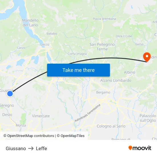 Giussano to Leffe map