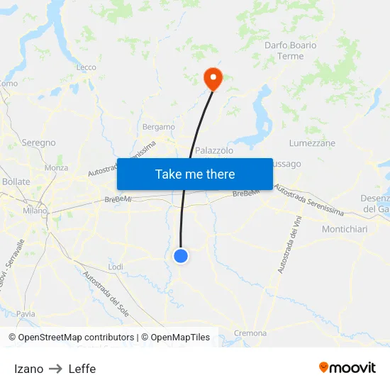 Izano to Leffe map