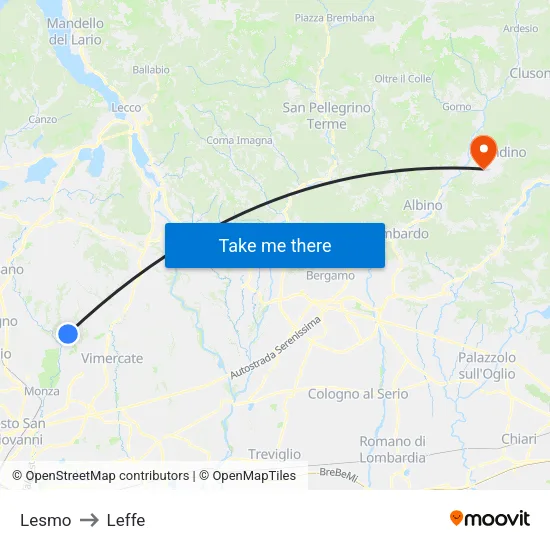 Lesmo to Leffe map