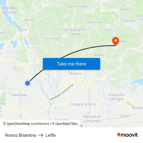 Ronco Briantino to Leffe map