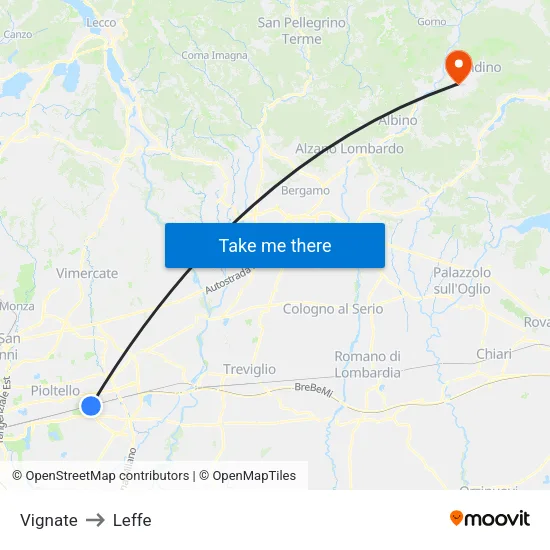 Vignate to Leffe map