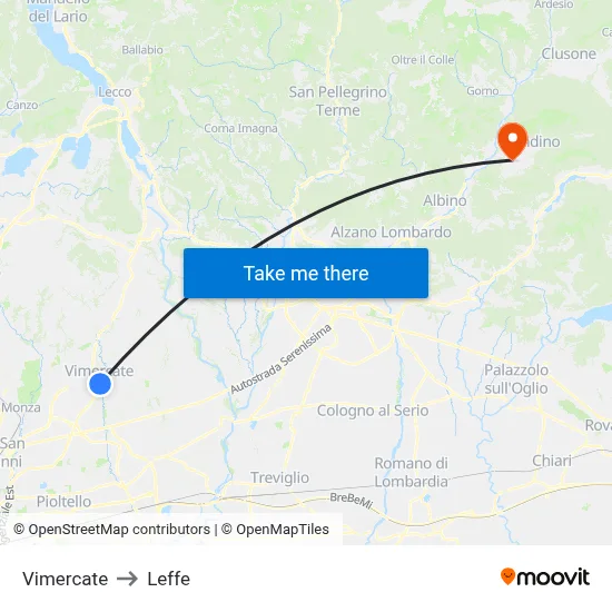 Vimercate to Leffe map