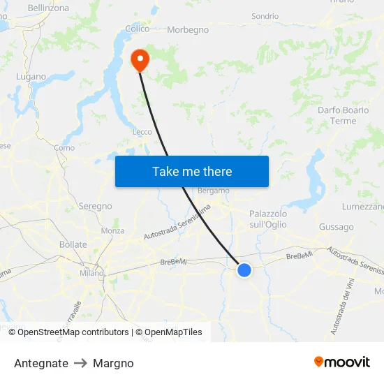 Antegnate to Margno map