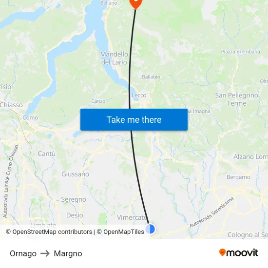 Ornago to Margno map