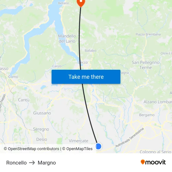 Roncello to Margno map